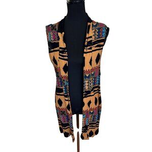 Sleeveless Open Front Tribal Print Vest Top Multicolor Rayon Boho Style Medium
